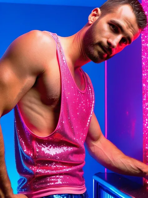 <lora:StringerSDXL_v1:0.55>, profile side view medium body shot man age 28 at a night club wearing a stringer (pink glowing tank top shirt:1.2), (extreme low-cut dropped side holes:1.2), blue (neon clothes:1.2),( sweaty:1.1), lighting, neon city lights, extreme low-cut chest, low-cut cleavage, male nipple slip, hairy bushy armpit, RedGlitter, 4k uhd, dslr, soft light, high quality, Fujifilm XT3 <lora:SDXLRedGlitter:0.8>