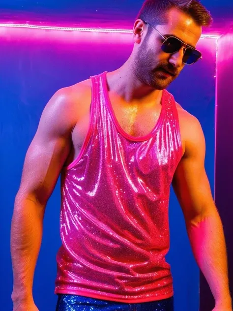 <lora:StringerSDXL_v1:0.55>, profile side view medium body shot man age 28 at a night club wearing a stringer (neon pink glowing RedGlitter tank top shirt:1.2), (extreme low-cut dropped side holes:1.2), blue (neon clothes:1.2),( sweaty:1.1), lighting, neon city lights, extreme low-cut chest, low-cut cleavage, male nipple slip, hairy bushy armpit, 4k uhd, dslr, soft light, high quality, Fujifilm XT3 <lora:SDXLRedGlitter:0.8>