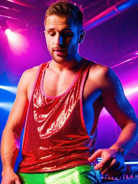 <lora:StringerSDXL_v1:0.55>, profile side view medium body shot DJ man age 28 djing at a night club wearing a stringer (neon green glowing RedGlitter tank top shirt:1.2), (extreme low-cut dropped side holes:1.2), blue (neon clothes:1.2),( sweaty:1.1), lighting, neon city lights, (extreme low-cut chest:1.1), low-cut cleavage, male nipple slip, hairy bushy armpit, 4k uhd, dslr, soft light, high quality, Fujifilm XT3 <lora:SDXLRedGlitter:0.8>
