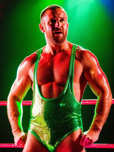 <lora:StringerSDXL_v1:0.55>, profile side view from below medium body shot of a strong wrestler man age 35 in a fighting ring wearing a stringer (neon green glowing RedGlitter singlet:1.2), (extreme low-cut dropped side holes:1.2), (neon clothes:1.2), (sweaty:1.2), lighting, neon city lights, (extreme low-cut chest:1.1), low-cut cleavage, male nipple slip, hairy bushy armpit, 4k uhd, dslr, soft light, high quality, Fujifilm XT3 <lora:SDXLRedGlitter:0.8>