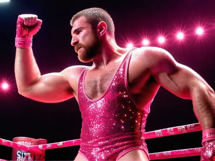 <lora:StringerSDXL_v1:0.55>, profile side view from above full body shot of a strong muscular hairy wrestler man age:28 in a fighting ring wearing a stringer (neon pink glowing RedGlitter singlet:1.2), (extreme low-cut dropped side holes:1.2), (neon clothes:1.2), (sweaty:1.2), lighting, neon city lights, (extreme low-cut chest:1.1), low-cut cleavage, male nipple slip, hairy bushy armpit, hairy chest, 4k uhd, dslr, soft light, high quality, Fujifilm XT3 <lora:SDXLRedGlitter:0.8>