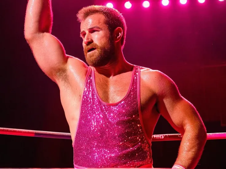 <lora:StringerSDXL_v1:0.55>, profile side view from above full body shot of a strong muscular hairy wrestler man age:28 in a fighting ring wearing a stringer (neon pink glowing RedGlitter singlet:1.2), (extreme low-cut dropped side holes:1.2), (neon clothes:1.2), (sweaty:1.2), lighting, neon city lights, (extreme low-cut chest:1.1), low-cut cleavage, male nipple slip, hairy bushy armpit, hairy chest, big bulge shorts, 4k uhd, dslr, soft light, high quality, Fujifilm XT3 <lora:SDXLRedGlitter:0.8>