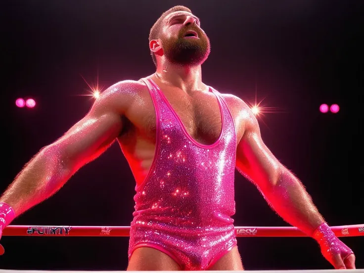 <lora:StringerSDXL_v1:0.55>, profile side view from above full body shot of a strong muscular hairy wrestler man age:28 in a fighting ring wearing a stringer (neon pink glowing RedGlitter singlet:1.2), (extreme low-cut dropped side holes:1.2), (neon clothes:1.2), (sweaty:1.2), lighting, neon city lights, (extreme low-cut chest:1.1), low-cut cleavage, male nipple slip, hairy bushy armpit, hairy chest, 4k uhd, dslr, soft light, high quality, Fujifilm XT3 <lora:SDXLRedGlitter:0.8>