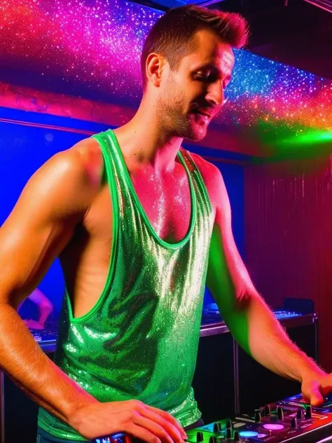 <lora:StringerSDXL_v1:0.55>, profile side view medium body shot DJ man age 28 djing at a night club wearing a stringer (neon green glowing RedGlitter tank top shirt:1.2), (extreme low-cut dropped side holes:1.2), blue (neon clothes:1.2),( sweaty:1.1), lighting, neon city lights, (extreme low-cut chest:1.1), low-cut cleavage, male nipple slip, hairy bushy armpit, 4k uhd, dslr, soft light, high quality, Fujifilm XT3 <lora:SDXLRedGlitter:0.8>