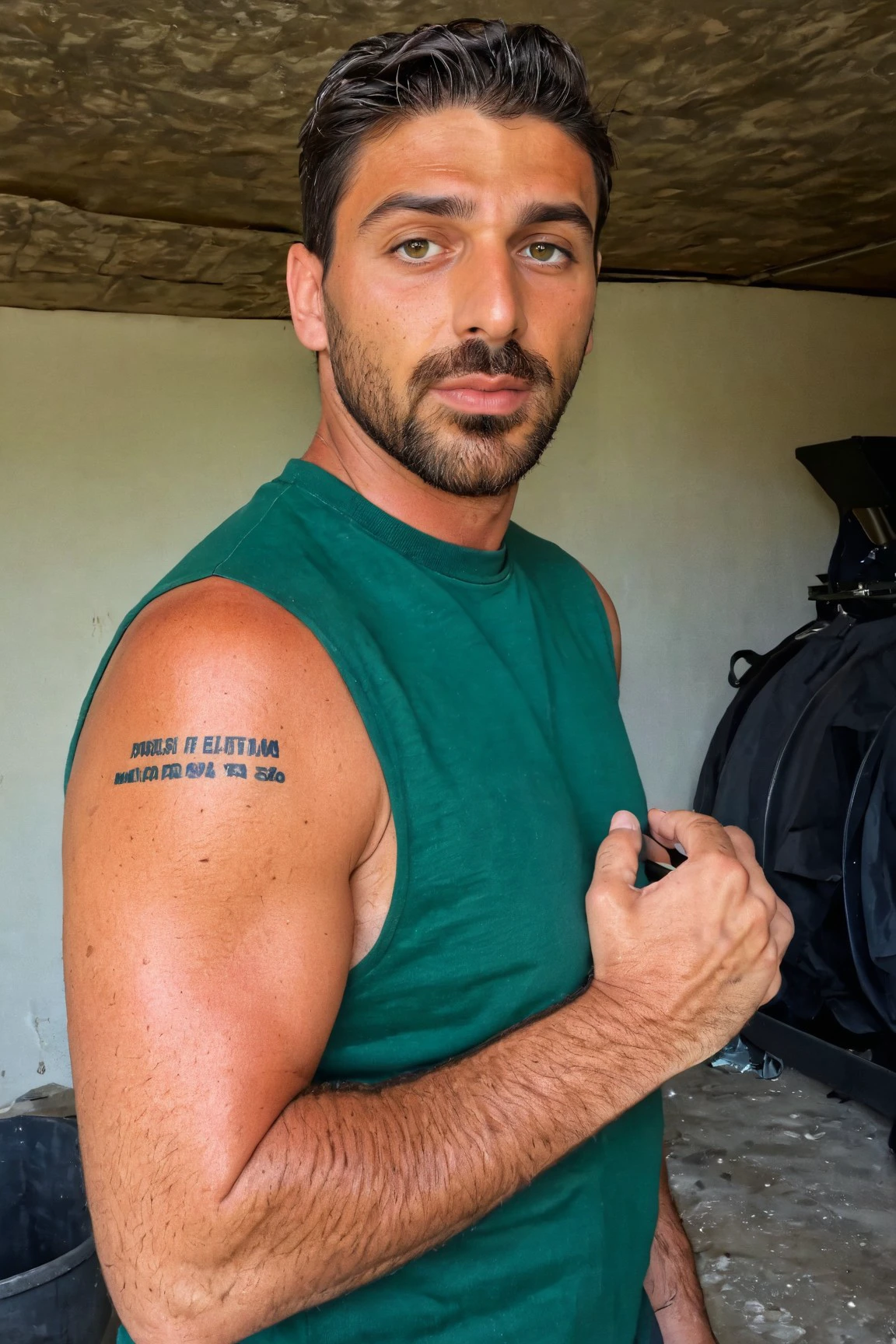side view (medium shot:1.1) photo of a man, Michele_Morrone a 35 y.o hairy Caucasian Italian man with a serous face looking at the camera, on a Nord-Pas de Calais Mining Basin, wearing clothes a dark (green:1.1) (tank top:1.1) (high crewneck:1.2), (extreme low-cut dropped side holes:1.1), stringer (shirt:1.2), , natural lighting, 4k, high quality, Fujifilm XT3 <lora:Michele_Morrone-000005:0.75> <lora:Tank Top Stringer Shirt SDXL:0.7>