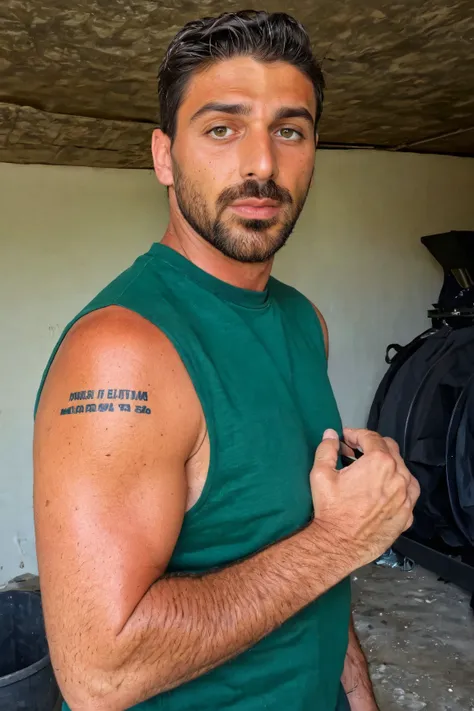 side view (medium shot:1.1) photo of a man, Michele_Morrone a 35 y.o hairy Caucasian Italian man with a serous face looking at the camera, on a Nord-Pas de Calais Mining Basin, wearing clothes a dark (green:1.1) (tank top:1.1) (high crewneck:1.2), (extreme low-cut dropped side holes:1.1), stringer (shirt:1.2), , natural lighting, 4k, high quality, Fujifilm XT3 <lora:Michele_Morrone-000005:0.75> <lora:Tank Top Stringer Shirt SDXL:0.7>