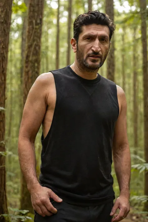 <lora:Tank Top Stringer Shirt SDXL:0.73><lora:Fares_Fares_v1b-000006:0.8>, from below (medium shot:1.1) of a of Fares Fares, a age:50 on (a kaeng krachan forest complex:1.3), wearing a dark (black:1.1) (tank:1.1) (high crewneck:1.2), (low-cut dropped side holes:1.3), stringer (shirt:1.2), (nipple slip:1.1), natural lighting, 4k uhd, dslr, soft lighting, high quality, Fujifilm XT3