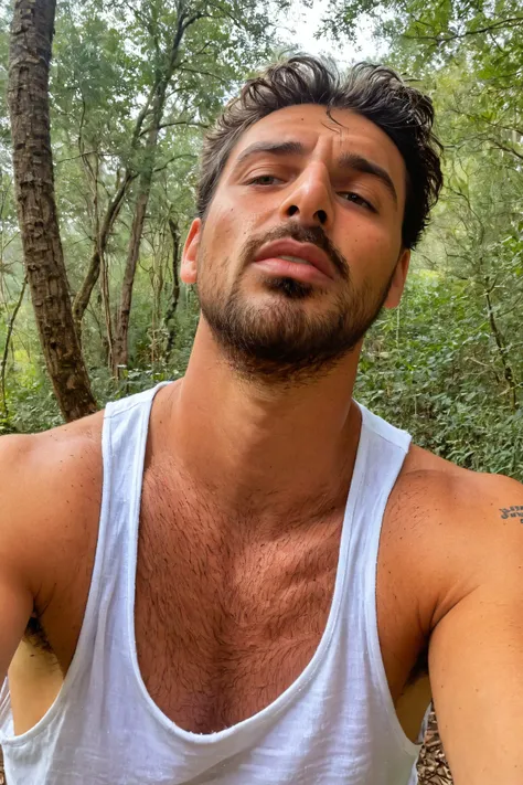 from below (medium shot:1.1) photo of a man, Michele_Morrone a 35 y.o (hairy:1.2) Caucasian Italian man with a serous face looking at the camera, on a Dong Phayayen-Khao Yai Forest Complex, wearing clothes a  (white:1.1) (tank top:1.1) (high crewneck:1.2), (low-cut dropped side holes:1.2), stringer (shirt:1.2), , [hairy armpits, hairy chest:0.25], natural lighting, 4k, high quality, Fujifilm XT3 <lora:Michele_Morrone-000005:0.75> <lora:Tank Top Stringer Shirt SDXL:0.77>