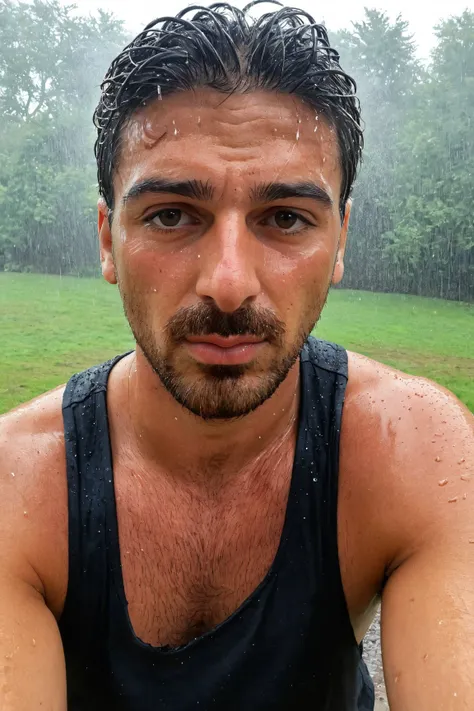 [0.2::(front:0.6)] (medium shot:1.1) photo of a man, Michele_Morrone a 35 y.o (hairy:1.2) Caucasian Italian man with a serous face looking at the camera, on a red rain, wearing clothes a ligh (black:1.1) (tank top:1.1) (high crewneck:1.2), (low-cut dropped side holes:1.2), stringer (shirt:1.2), [hairy armpits, hairy chest:0.25], natural lighting, 4k, high quality, Fujifilm XT3 <lora:Michele_Morrone-000005:0.75> <lora:Tank Top Stringer Shirt SDXL:0.77>