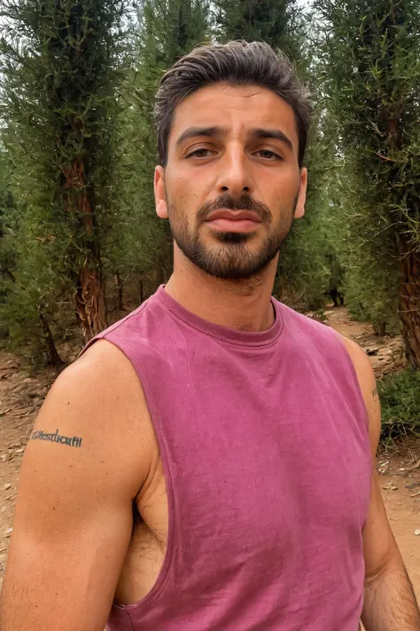 side view (medium shot:1.1) photo of a man, Michele_Morrone a 35 y.o (hairy:1.2) Caucasian Italian man with a serous face looking at the camera, on a ouadi qadisha (the holy valley) and the forest of the cedars of god (horsh arz el-rab), wearing clothes a dark (pink:1.1) (tank top:1.1) (high crewneck:1.2), (low-cut dropped side holes:1.2), stringer (shirt:1.2), , [hairy armpits, hairy chest:0.25], natural lighting, 4k, high quality, Fujifilm XT3 <lora:Michele_Morrone-000005:0.75> <lora:Tank Top Stringer Shirt SDXL:0.77>