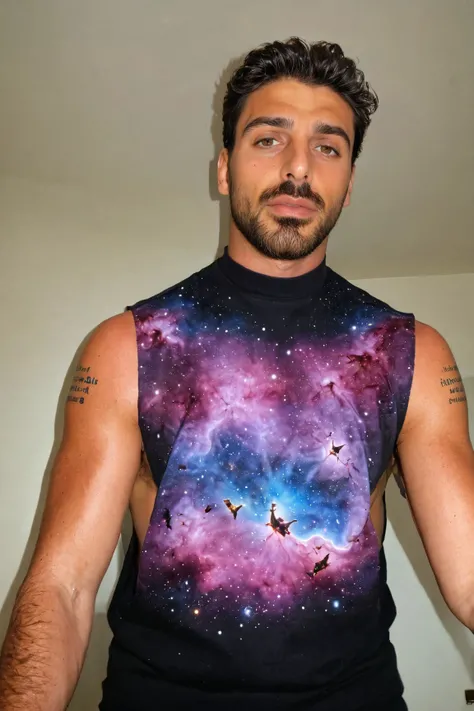 [0.2::(front:0.6)] (full body medium shot:1.1) photo of a man, Michele_Morrone a 35 y.o (hairy:1.2) Caucasian Italian man with a serous face, on a eagle nebula (m16), wearing clothes a dark (bird flower:1.1) (tank top:1.1) (high crewneck:1.2), (extreme low-cut dropped side holes:1.4), stringer (shirt:1.2), [hairy armpits, hairy chest:0.25], natural lighting, 4k, high quality, Fujifilm XT3 <lora:Michele_Morrone-000005:0.75> <lora:Tank Top Stringer Shirt SDXL:1.1>