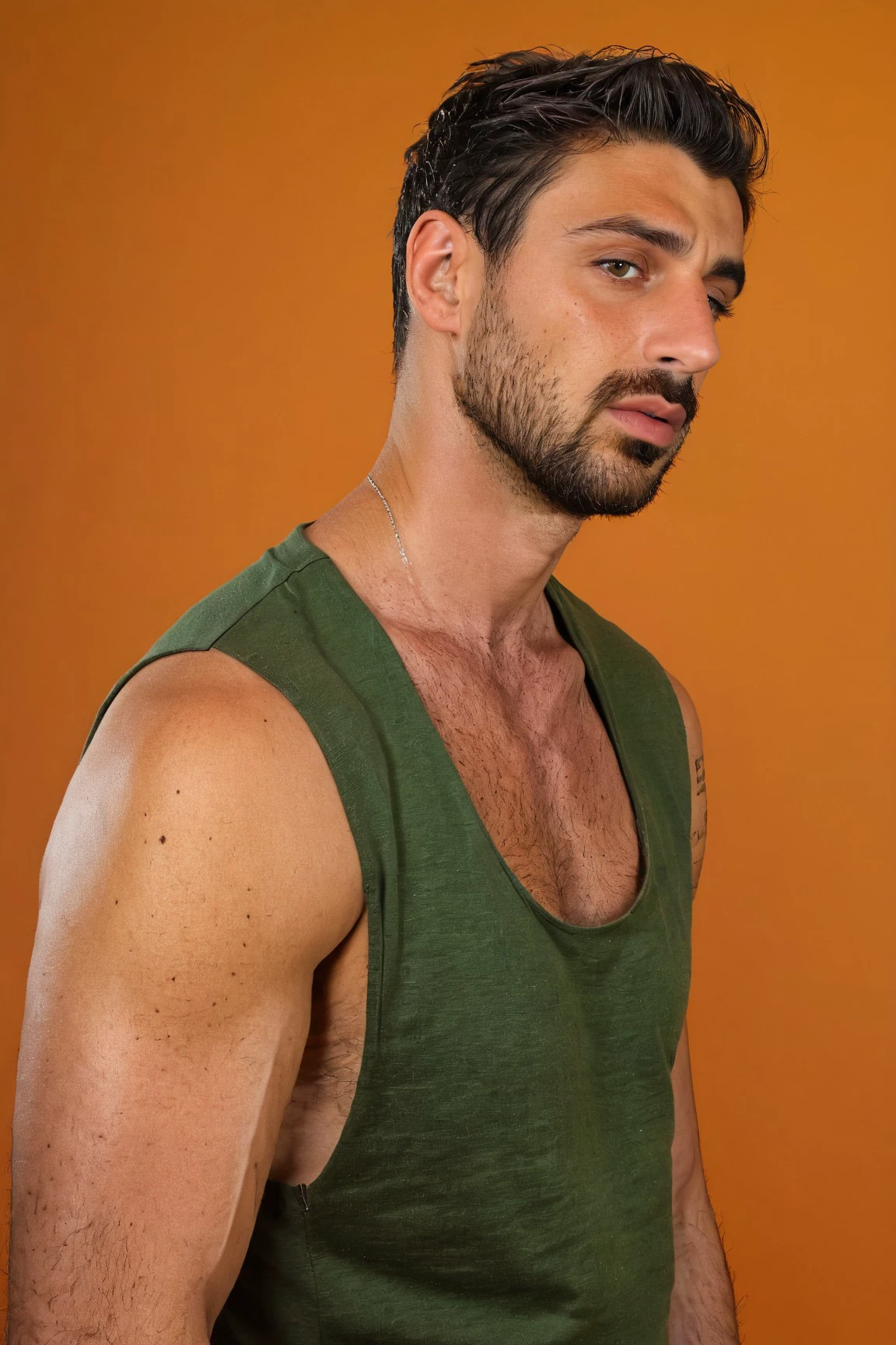 side view (medium shot:1.1) photo of a man, Michele_Morrone a 35 y.o hairy Caucasian Italian rough man, on a orange background, wearing clothes a (green:1.1) (tank top:1.1) (high crewneck:1.2), low-cut dropped side holes, stringer (shirt:1.2), , natural lighting, 4k, high quality, Fujifilm XT3 <lora:Michele_Morrone-000005:0.75> <lora:Tank Top Stringer Shirt SDXL:0.7>
