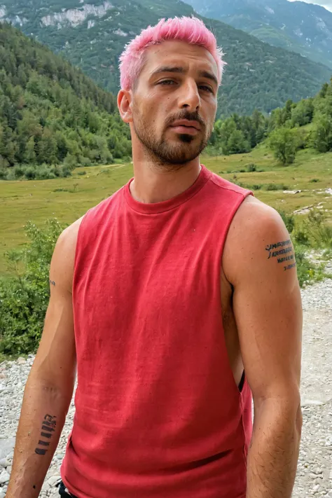 side view (full body medium shot:1.1) photo of a man, Michele_Morrone a 35 y.o (hairy:1.2) Caucasian Italian man with a serous face and a pink hair, on a Jiuzhaigou Valley Scenic and Historic Interest Area, wearing clothes a ligh (cadmium red:1.1) (tank top:1.1) (high crewneck:1.2), (extreme low-cut dropped side holes:1.4), stringer (shirt:1.2), [hairy armpits, hairy chest:0.25], natural lighting, 4k, high quality, Fujifilm XT3 <lora:Michele_Morrone-000005:0.75> <lora:Tank Top Stringer Shirt SDXL:1.1>