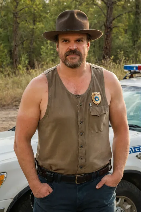 photo of david harbour with a beard in a sheriff uniform with tank top shirt and hat standing next to a police car, (sweat armpit stains on shirt:1.1), cinematic lighting, film still, movie still <lora:Tank Top Stringer Shirt SDXL:0.72>, shirt with and extreme low-cut dropped side holes, natural lighting, 4k, high quality, Fujifilm XT3 <lora:davidharbour:te=0.2:unet=0@0.166,0.69@0.166,0.69@0.8,0.48@0.8>