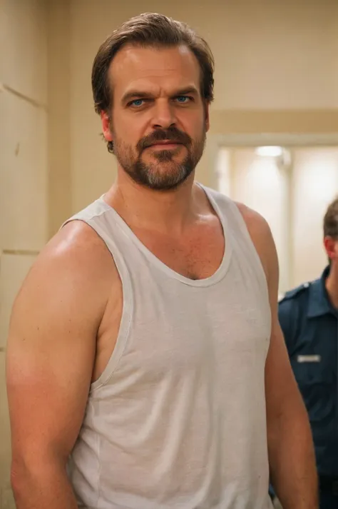 photo of david harbour with a beard in a tank top shirt with (high crewneck:1), standing in a police station, (sweat armpits:1.1), lightcolored-eyes, cinematic lighting, film still, movie still <lora:Tank Top Stringer Shirt SDXL:0.72>, shirt with and extreme low-cut dropped side holes, natural lighting, 4k, high quality, Fujifilm XT3 <lora:davidharbour:te=0.2:unet=0.2@0.166,0.69@0.166,0.69@0.8,0.48@0.8>