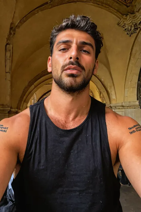 from below (medium shot:1.1) photo of a man, Michele_Morrone a 35 y.o hairy Caucasian Italian rough man, on a chhatrapati shivaji terminus (formerly victoria terminus), wearing a (black:1.1) (tank:1.1) (high crewneck:1.2), low-cut dropped side holes, stringer (shirt:1.2), , natural lighting, 4k, high quality, Fujifilm XT3 <lora:Michele_Morrone-000005:0.75> <lora:Tank Top Stringer Shirt SDXL:0.7>