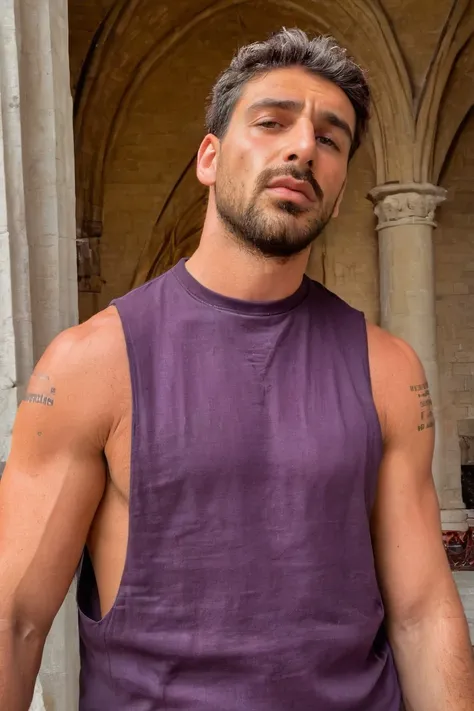 [0.2::(front:0.6)] (medium shot:1.1) photo of a man, Michele_Morrone a 35 y.o hairy Caucasian Italian rough man, on a roskilde cathedral, wearing clothes a dark (purple:1.1) (tank top:1.1) (high crewneck:1.2), , stringer (shirt:1.2), , natural lighting, 4k, high quality, Fujifilm XT3 <lora:Michele_Morrone-000005:0.75> <lora:Tank Top Stringer Shirt SDXL:1>