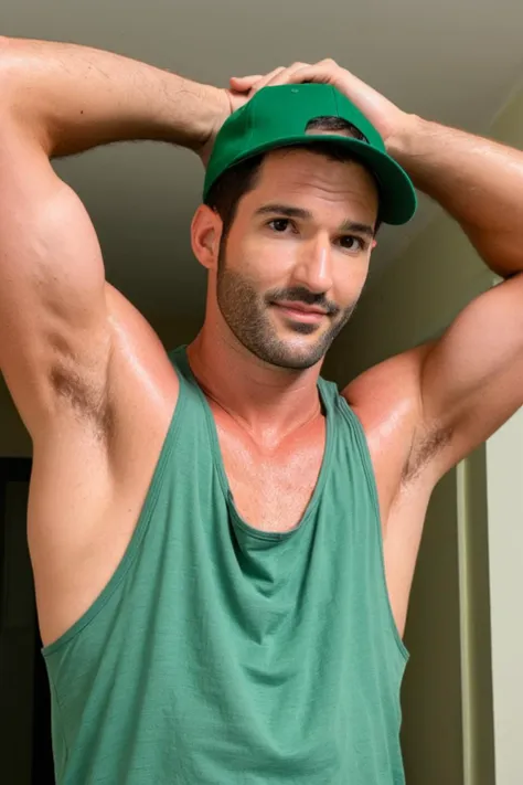 photo of tom ellis showing his armpit, men, handsome, short hair, (male, masculine, tough:1.2), wearing a loose (tank top:1.1), hairy chest, (hairy armpit:1.2), raised arms outstretched, armpit hair, green cap, <lora:tom_ellis_v1_sdxl:0.8:start=2>  <lora:StringerSDXL_v1:0.4>, natural lighting, 4k, high quality, Fujifilm XT3