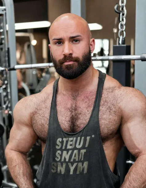 cinematic photo of handsome man, juliant, muscular, bodybuilder, bald, big beard, bushy beard, trimmed beard, bushy eyebrows, wearing tank top shirt, extreme low-cut dropped side holes,low-cut cleavage, standing, in a gym, sweaty, looking at camera, high quality, detailed <lora:juliant_test_1:1> <lora:StringerSDXL_v1:1>