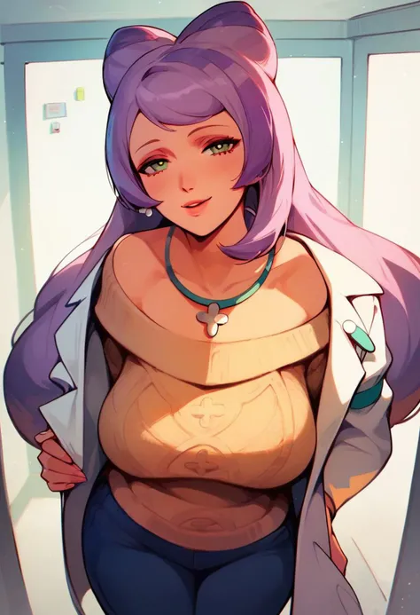 1girl, <lora:miriam-nvwls-v1:0.8> miriam, multicolored hair, green eyes, earrings, labcoat, stethoscope, sweater, purple skirt, earrings, off-shoulder sweater, white sweater, purple skirt, sitting, legs crossed