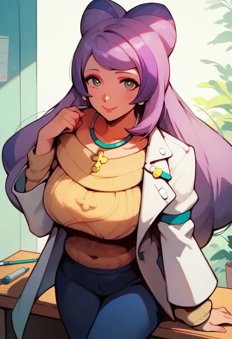 (score_9, score_8_up:1.1), score_7_up,  1girl, mature female, Miriam Pokemon, looking at viewer, cute eyes, very large eyes, eyelashes, lab coat, purple skirt, looking at viewer, cute smile, yellow sweater, blue jeans, curvy, sexy, huge natural boobs, perfect lighting, summer atmosphere, perfect quality, hyper quality, very detailed background, doctor's office, desk