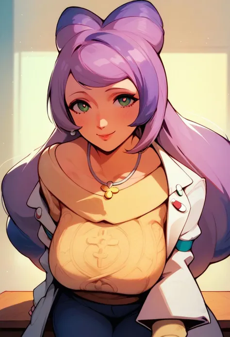 (score_9, score_8_up:1.1), score_7_up,  1girl, mature female, Miriam Pokemon, looking at viewer, cute eyes, very large eyes, eyelashes, lab coat, purple skirt, looking at viewer, cute smile, yellow sweater, blue jeans, curvy, sexy, huge natural boobs, perfect lighting, summer atmosphere, perfect quality, hyper quality, very detailed background, doctor's office, desk