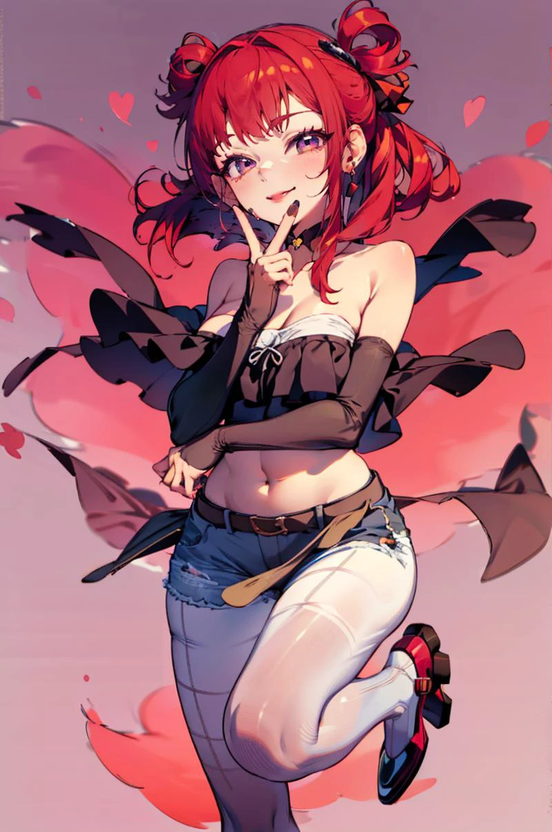 <lora:V:1> hand to own mouth, (v over mouth:1.2),, absurdres, ultra detailed, masterpiece, best quality, aesthetic, detailed,, solo, seductive smile, red lips,
1girl, purple eyes, red hair, blunt bangs, large breasts, <lora:hair_rings:1> low hair rings, <lora:EllaNyan:1>,, taut clothes, choker, bandeau, elbow gloves, taut shorts, lowleg shorts, navel, groin tendon, belt, patterned legwear, pantyhose, (pantyhose under shorts:1.2), high heel boots,