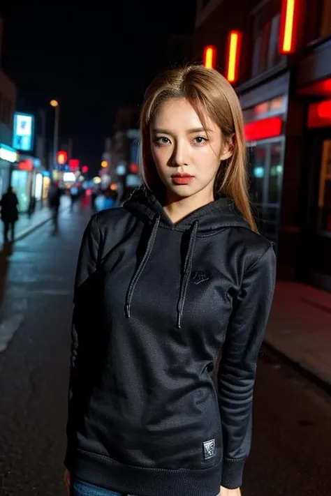 Fujifilm XT3, 8k,close up photo, masterpiece, best quality, (((1girl))), solo,realistic, ((looking at viewer)), photorealistic, (extremely detailed face), looking at viewer, ((ultra-detailed eyes and pupils)), ultra detailed, serious expression, ((standing city street at night)), hoodie, long sleeves, (arms behind back), <lora:hyoyeonlorashy:1>