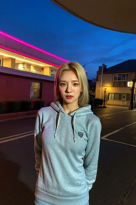 Fujifilm XT3, 8k,close up photo, masterpiece, best quality, (((1girl))), solo,realistic, ((looking at viewer)), photorealistic, (extremely detailed face), looking at viewer, ((ultra-detailed eyes and pupils)), ultra detailed, serious expression, ((standing city street at night)), hoodie, long sleeves, (arms behind back), <lora:hyoyeonlorashy:1>