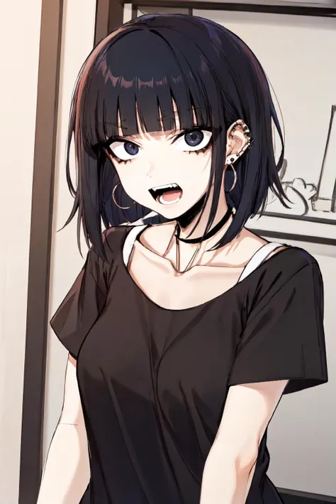 <lora:jk style by goofy ai:1>jk style, open mouth, black shirt, earrings, collarbone, piercing, jewelry, looking at viewer, black hair, 1girl, shirt, teeth, black eyes, short sleeves, ear piercing, solo, blunt bangs,upper body