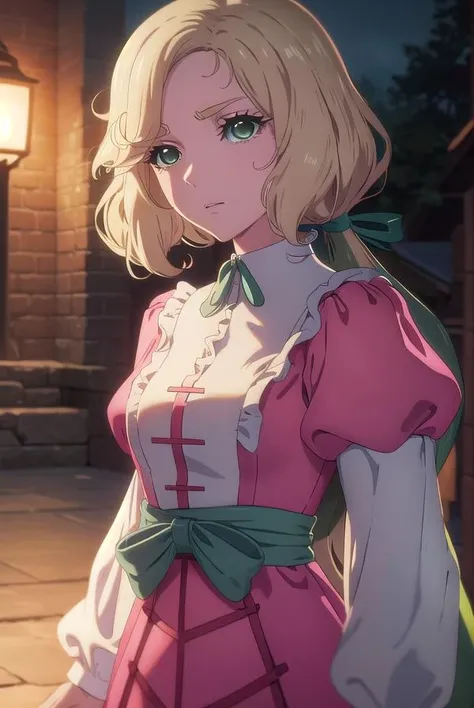 castlevaniamaria, <lora:castlevaniamaria-lora-nochekaiser:1>,
castlevaniamaria, long hair, blonde hair, (green eyes:1.5), hair bow, bow, green bow, low ponytail,
BREAK long sleeves, dress, puffy sleeves, pink dress, sash, green sash, collar, white collar,
BREAK looking at viewer, full body,
BREAK outdoors, night, sky,
BREAK <lyco:GoodHands-beta2:1>, (masterpiece:1.2), best quality, high resolution, unity 8k wallpaper, (illustration:0.8), (beautiful detailed eyes:1.6), extremely detailed face, perfect lighting, extremely detailed CG, (perfect hands, perfect anatomy),