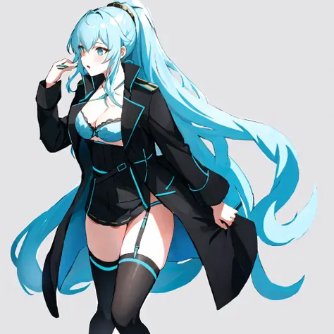 rikumu,solo,1girl,<lora:rikumu2:0.9>,ponytail,light blue hair,black coat,thigh,black jacket,cleavage,bra,panty string