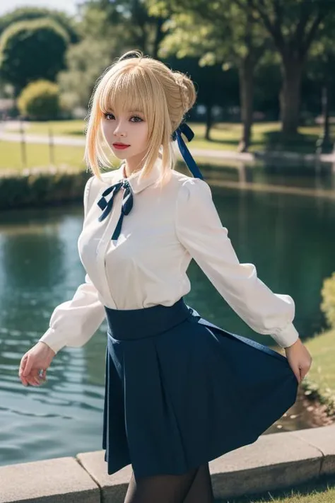 ultra-detailed,highly detailed,best quality,masterpiece,illustration,
saber, 1girl, artoria pendragon \(fate\), solo, cosplay,
blonde hair, ahoge,hair ribbon, short hair, braided bun, sidelocks, bangs, 
pantyhose, shirt,skirt,  neck ribbon, long sleeves,casual, blouse, high-waist skirt, 
looking at viewer, 
outdoors, grass,dynamic pose, photo background, flower, wind,sky,falling petals, lake, water, waves, 
<lora:saber_v1_02:0.7>
