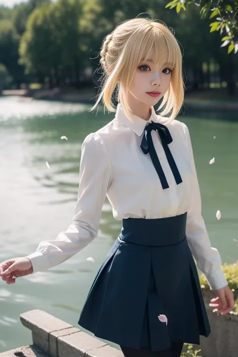 ultra-detailed,highly detailed,best quality,masterpiece,illustration,
saber, 1girl, artoria pendragon \(fate\), solo, cosplay,
blonde hair, ahoge,hair ribbon, short hair, braided bun, sidelocks, bangs,
pantyhose, shirt,skirt, neck ribbon, long sleeves,casual, blouse, high-waist skirt,
looking at viewer,
outdoors, grass,dynamic pose, photo background, flower, wind,sky,falling petals, lake, water, waves,
<lora:saber_v1_02:0.7>