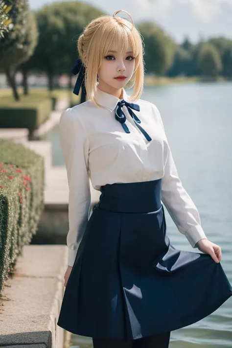 ultra-detailed,highly detailed,best quality,masterpiece,illustration,
saber, 1girl, artoria pendragon \(fate\), solo, cosplay,
blonde hair, ahoge,hair ribbon, short hair, braided bun, sidelocks, bangs,
pantyhose, shirt,skirt, neck ribbon, long sleeves,casual, blouse, high-waist skirt,
looking at viewer,
outdoors, grass,dynamic pose, photo background, flower, wind,sky,falling petals, lake, water, waves, wooden sword,
<lora:saber_v1_02:0.7>
