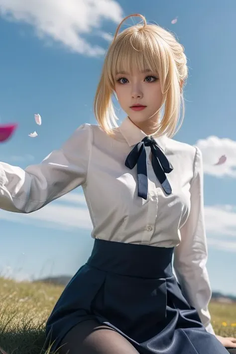 ultra-detailed,highly detailed,best quality,masterpiece,illustration,
saber, 1girl, artoria pendragon \(fate\), solo, cosplay,
blonde hair, ahoge,hair ribbon, short hair, braided bun, sidelocks, bangs,
pantyhose, shirt,skirt, neck ribbon, long sleeves,casual, blouse, high-waist skirt,
looking at viewer,
outdoors, grass,dynamic pose, photo background, flower, wind,sky,falling petals,
<lora:saber_v1_02:0.7>