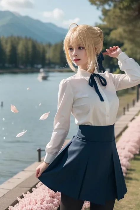 ultra-detailed,highly detailed,best quality,masterpiece,illustration,
saber, 1girl, artoria pendragon \(fate\), solo, cosplay,
blonde hair, ahoge,hair ribbon, short hair, braided bun, sidelocks, bangs,
pantyhose, shirt,skirt, neck ribbon, long sleeves,casual, blouse, high-waist skirt,
looking at viewer,
outdoors, grass,dynamic pose, photo background, flower, wind,sky,falling petals, lake, water, waves,
<lora:saber_v1_02:0.7>