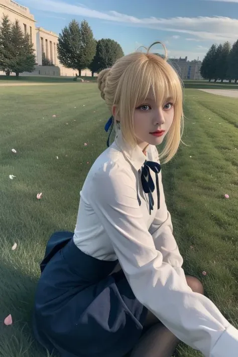ultra-detailed,highly detailed,best quality,masterpiece,illustration,
saber, 1girl, artoria pendragon \(fate\), solo, cosplay,
blonde hair, ahoge,hair ribbon, short hair, braided bun, sidelocks, bangs, 
pantyhose, shirt,skirt,  neck ribbon, long sleeves,casual, blouse, high-waist skirt, 
looking at viewer, 
outdoors, grass,dynamic pose, photo background, flower, wind,sky,falling petals, 
<lora:saber_v1_02:0.7>