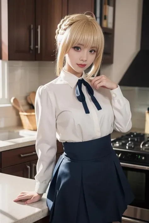 ultra-detailed,highly detailed,best quality,masterpiece,illustration,
saber, 1girl, artoria pendragon \(fate\), solo, cosplay,
blonde hair, ahoge,hair ribbon, short hair, braided bun, sidelocks, bangs,
pantyhose, shirt,skirt, neck ribbon, long sleeves,casual, blouse, high-waist skirt,
full body, looking at viewer,
indoors, kitchen,dynamic pose, photo background,
<lora:saber_v1_02:0.7>
