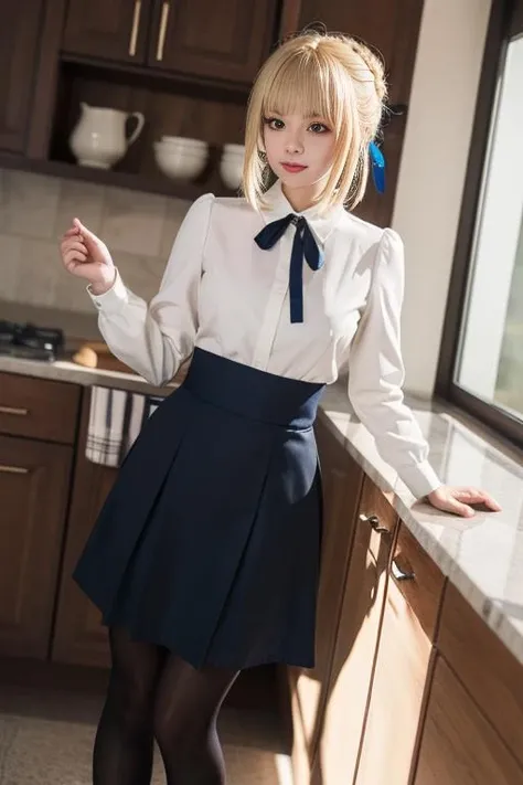 ultra-detailed,highly detailed,best quality,masterpiece,illustration,
saber, 1girl, artoria pendragon \(fate\), solo, cosplay,
blonde hair, ahoge,hair ribbon, short hair, braided bun, sidelocks, bangs,
pantyhose, shirt,skirt, neck ribbon, long sleeves,casual, blouse, high-waist skirt,
looking at viewer,
indoors, kitchen,dynamic pose, photo background,
<lora:saber_v1_02:0.7>