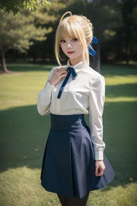 ultra-detailed,highly detailed,best quality,masterpiece,illustration,
saber, 1girl, artoria pendragon \(fate\), solo, cosplay,
blonde hair, ahoge,hair ribbon, short hair, braided bun, sidelocks, bangs, 
pantyhose, shirt,skirt,  neck ribbon, long sleeves,casual, blouse, high-waist skirt, 
looking at viewer, 
outdoors, grass,dynamic pose, photo background, flower, wind,sky,falling petals, lake, water, waves, 
<lora:saber_v1_02:0.7>