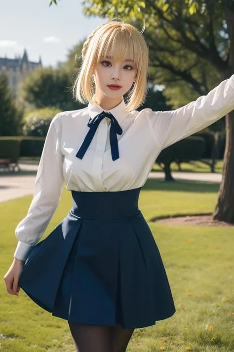 ultra-detailed,highly detailed,best quality,masterpiece,illustration,
saber, 1girl, artoria pendragon \(fate\), solo, cosplay,
blonde hair, ahoge,hair ribbon, short hair, braided bun, sidelocks, bangs,
pantyhose, shirt,skirt, neck ribbon, long sleeves,casual, blouse, high-waist skirt,
looking at viewer,
outdoors, grass,dynamic pose, photo background, flower, wind,sky,falling petals,
<lora:saber_v1_02:0.7>