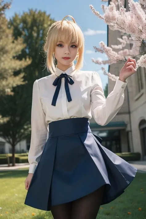 ultra-detailed,highly detailed,best quality,masterpiece,illustration,
saber, 1girl, artoria pendragon \(fate\), solo, cosplay,
blonde hair, ahoge,hair ribbon, short hair, braided bun, sidelocks, bangs,
pantyhose, shirt,skirt, neck ribbon, long sleeves,casual, blouse, high-waist skirt,
looking at viewer,
outdoors, grass,dynamic pose, photo background, flower, wind,sky,falling petals,
<lora:saber_v1_02:0.7>