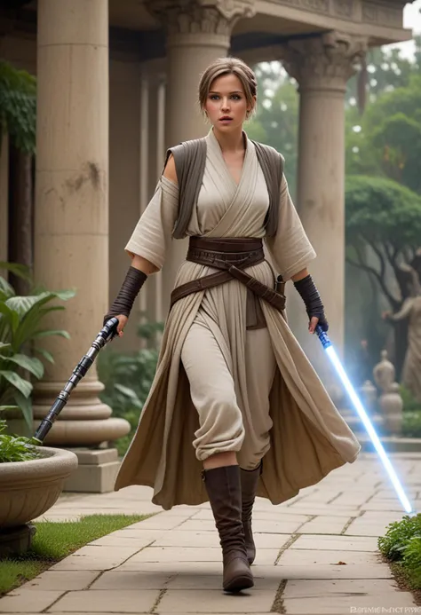 (medium full shot) of (bonnie jedi) female kel dor, short hair with a braid, wearing a battle-worn Jedi robe,simple cloth belt,tall leather boots, arm wraps, shoto lightsaber, surprised, open mouth, running toward the viewer, set in  a serene Jedi temple with towering columns and serene gardens, where the air is filled with the soft hum of meditation and the distant sound of fountains, in a battle, Masterpiece,best quality, photorealistic, amazing quality, very aesthetic, extremely detailed face,