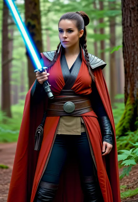 (medium full shot) of (attractive jedi) female zabrak, hair, ponytail, wearing a heavy Jedi cloak,leather Jedi belt,lightweight leather boots, arm wraps, shoto lightsaber, surprised, open mouth, pointing her finger at the viewer, set in  a secluded forest grove, surrounded by ancient trees and the soft hum of nature, a place of peace and solitude, in a battle, ,Masterpiece,best quality, photorealistic, amazing quality, very aesthetic, extremely detailed face,