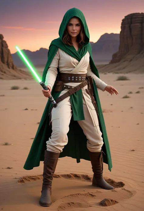 (medium full shot) of (bonnie jedi) female chiss, hair, wearing a hooded Jedi robe,leather Jedi belt,lightweight leather boots, datapad, lightsaber with green blade, laughing, squatting, set in  a barren desert wasteland, with cracked earth and the remains of ancient structures, a place of mystery and danger, at twilight, Masterpiece,best quality, photorealistic, amazing quality, very aesthetic, extremely detailed face,