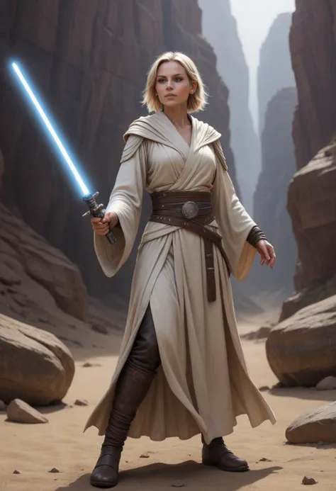 (medium full shot) of  (angelic jedi) female zabrak, cropped hair, wearing a ceremonial Jedi robe,simple cloth belt,lightweight leather boots, meditation beads, crossguard lightsaber, smiling at the viewer, set in  a rocky desert canyon, with towering cliffs and narrow passages, where the ground is littered with stones and the air is cool and dry, in a battle, Masterpiece,best quality, photorealistic, amazing quality, very aesthetic, extremely detailed face,