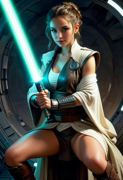 (medium full shot) of (sexy jedi) female pantoran, braided hair, wearing a sleeveless Jedi robe,simple cloth belt,tall leather boots, Jedi communicator, lightsaber with green blade, laughing, squatting, set in  a compact, agile spaceship, with minimalistic design and the hum of the hyperdrive, a place of speed and agility, at twilight, ,Masterpiece,best quality, photorealistic, amazing quality, very aesthetic, extremely detailed face,