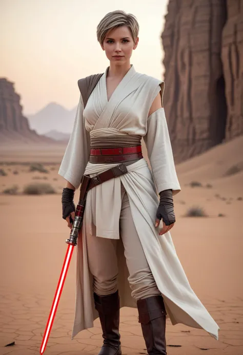 (medium full shot) of (sexy jedi) female mirialan, short cropped hair, wearing a traditional Jedi robe,woven fabric belt,ankle-length Jedi boots, utility belt with pouches, lightsaber with red blade, smiling at the viewer, set in a barren desert wasteland, with cracked earth and the remains of ancient structures, a place of mystery and danger, at dawn, Masterpiece,best quality, photorealistic, amazing quality, very aesthetic, extremely detailed face,