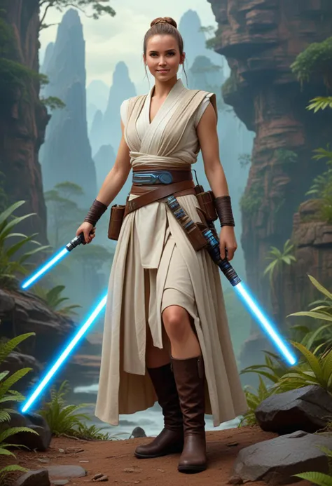 (medium full shot) of (angelic jedi) female pantoran, hair, bun, wearing a sleeveless Jedi robe,rugged leather belt,tall leather boots, utility belt with pouches, lightsaber with blue blade, laughing, arms crossed, set in  a vibrant, bustling planet, with diverse ecosystems and a rich tapestry of cultures and species, in a battle, Masterpiece,best quality, photorealistic, amazing quality, very aesthetic, extremely detailed face,